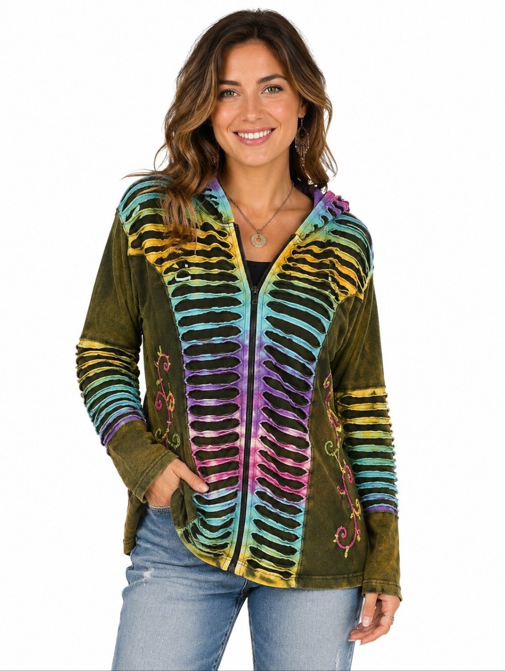 Nepal Zip Hoodie XL Olive Multicolor Razor Cut Tie Dye Embroidered Boho